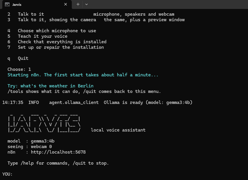 JARVIS local voice assistant terminal screenshot