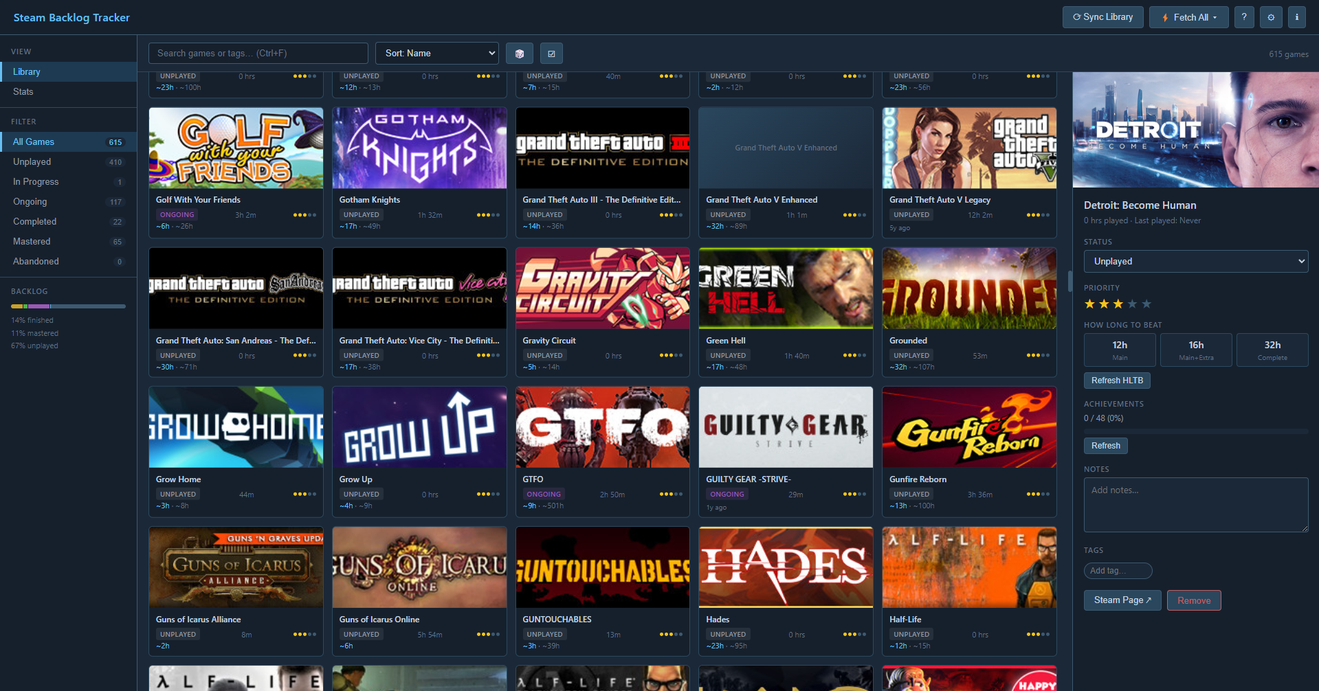 The Steam Backlog Tracker desktop app showing a library of games with status filters and a detail panel open on the right.