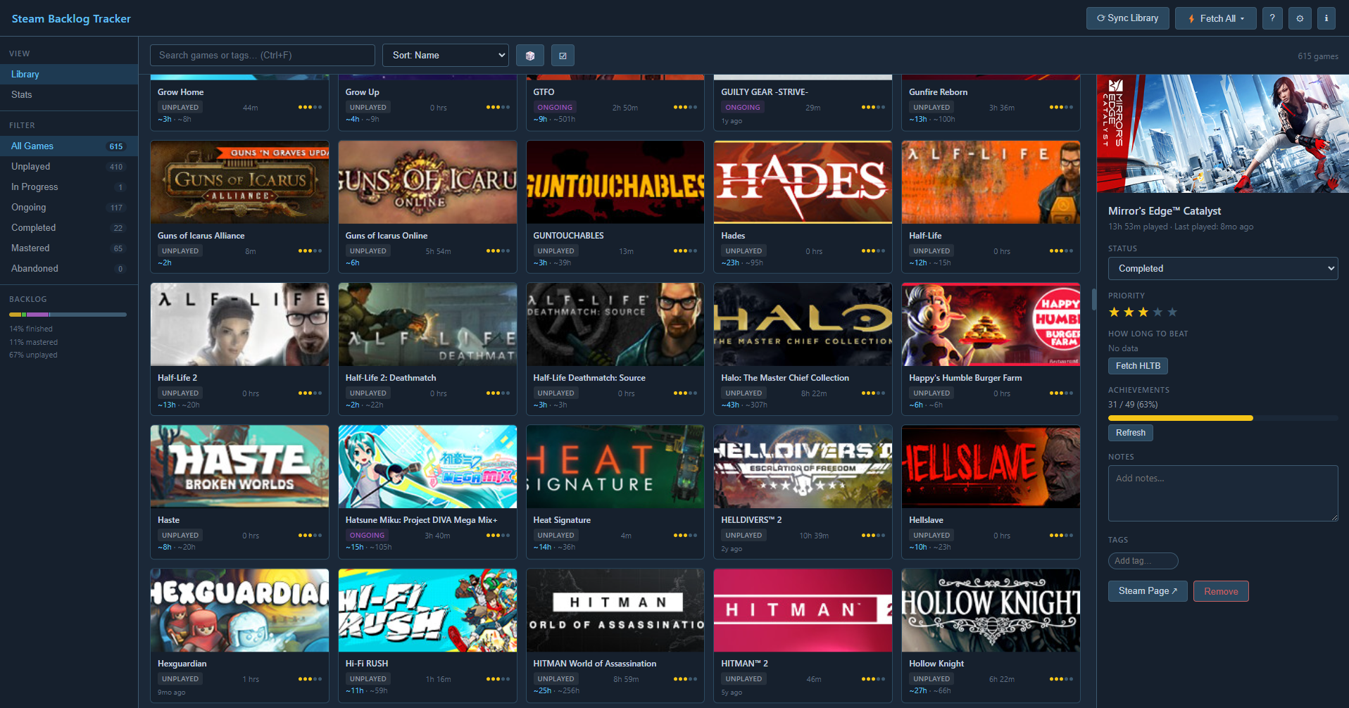 Steam Backlog Tracker app screenshot